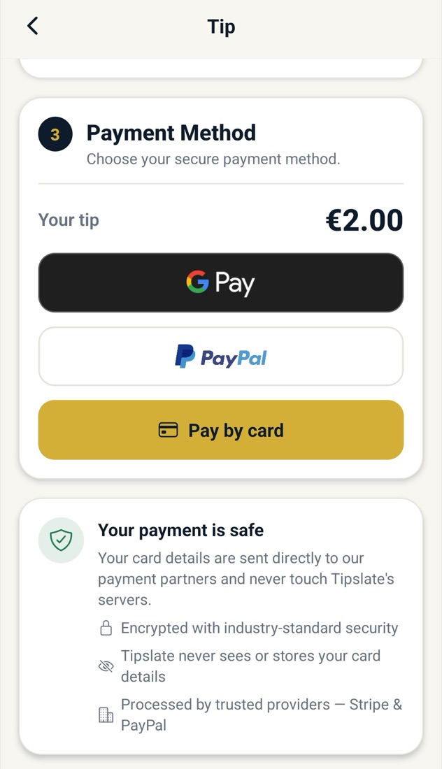 Tipslate app: pay with Google Pay, Apple Pay, PayPal or card